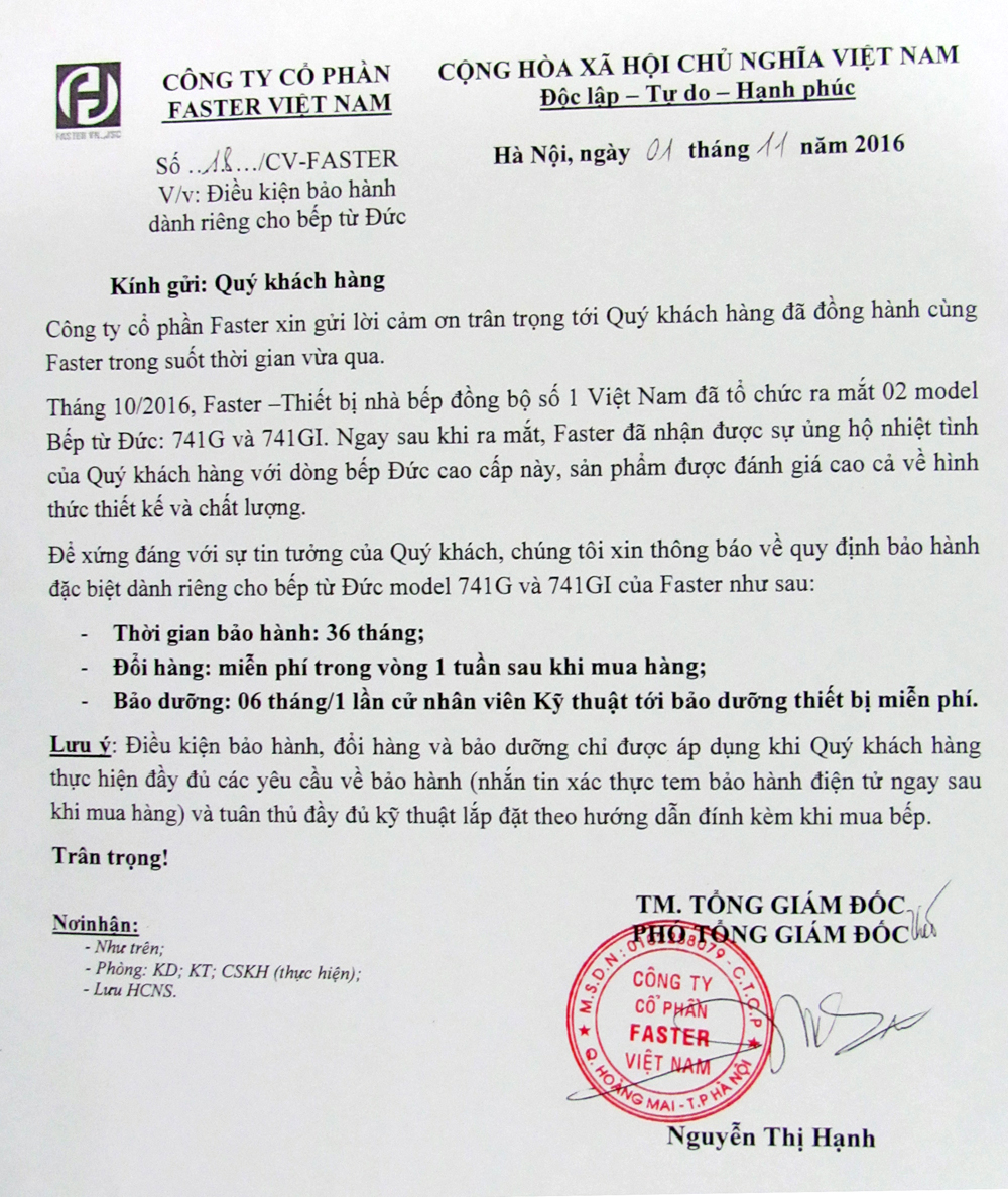 Thông báo thay đổi chương trình bảo hành 36 Tháng cho mẫu bếp Nhập Khẩu CHLB Đức FASTER