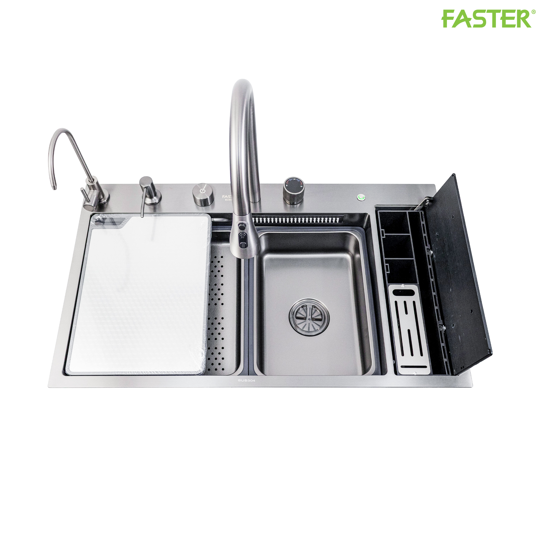 Chậu rửa bát một hố kết hợp khay dao thớt, thìa dĩa tự nâng hạ  FS 7846BLX