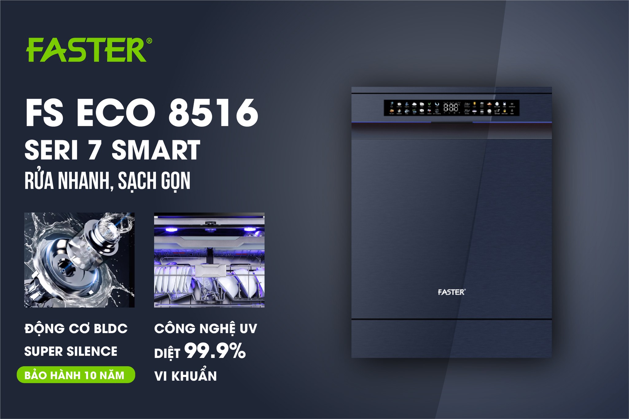 Máy rửa bát nhập khẩu Malaysia ECO 8516 Seri 8 Smart