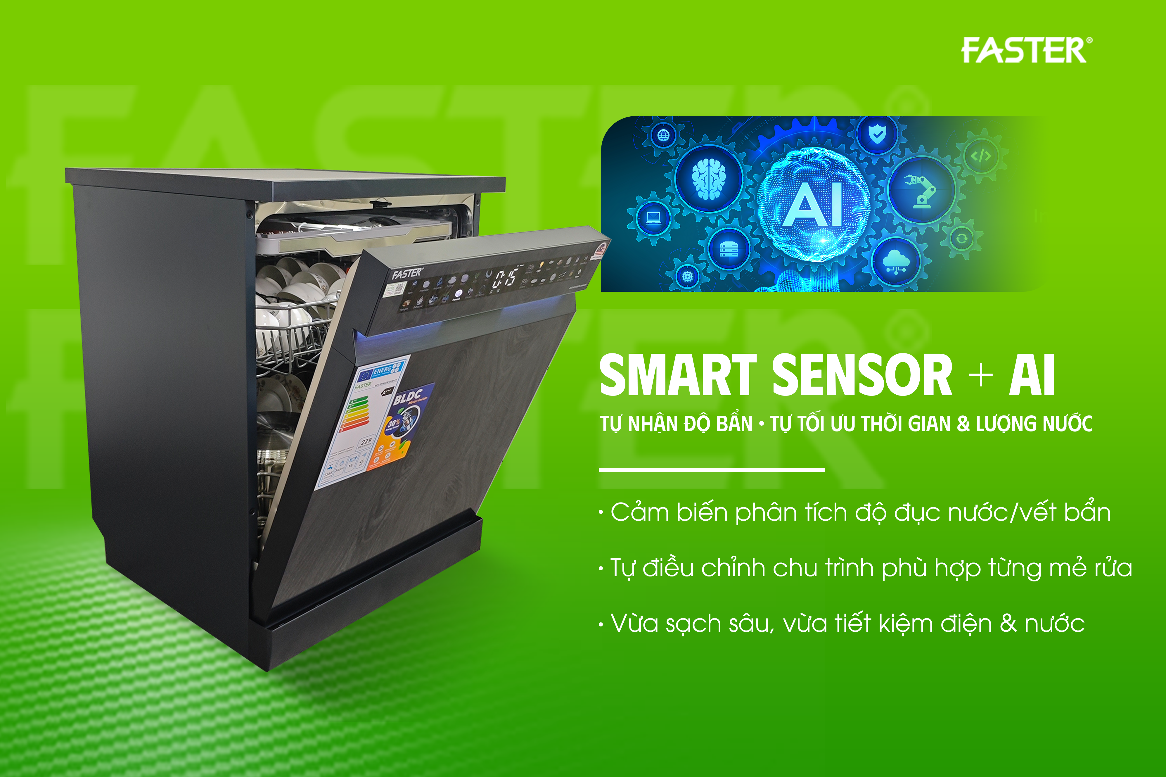 Máy rửa bát ECO 8516 SERI 8 SMART Chế độ rửa tự động thông minh AI (sensor nhận diện độ đục nước & vết bẩn)