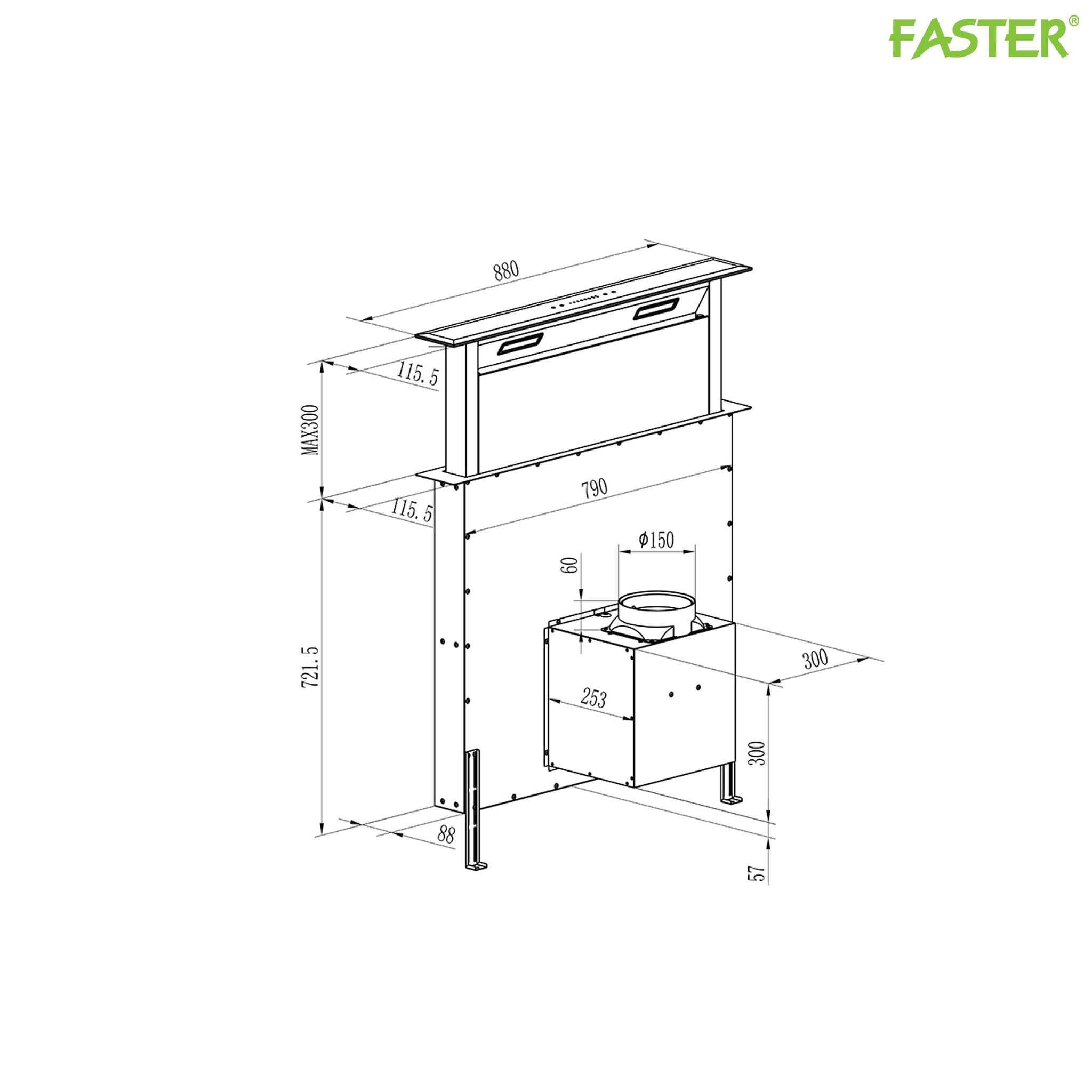 Máy hút mùi âm kệ Down Draff Glass FS 90HF